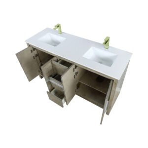 Lafarre 60W x 20D Rustic Acacia Double Bath Vanity, Cultured Marble Top and Brushed Nickel Faucet Set