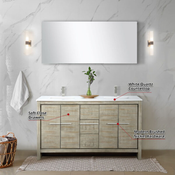 Lafarre 60W x 20D Rustic Acacia Double Bath Vanity, White Quartz Top and Brushed Nickel Faucet Set