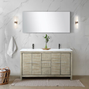 Lafarre 60W x 20D Rustic Acacia Double Bath Vanity, Cultured Marble Top and Gun Metal Faucet Set