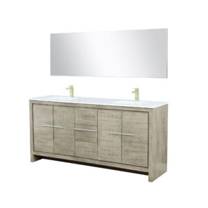 Lafarre 72W x 20D Rustic Acacia Double Bath Vanity, Cultured Marble Top, Brushed Nickel Faucet Set and 70Mirror