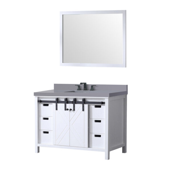 Marsyas 48W x 22D White Bath Vanity, Grey Quartz Countertop, Faucet Set and 44Mirror