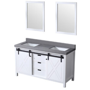 Marsyas 60W x 22D White Double Bath Vanity, Grey Quartz Countertop and 24Mirrors