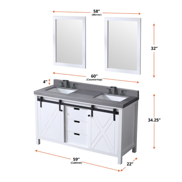 Marsyas 60W x 22D White Double Bath Vanity and 24Mirrors