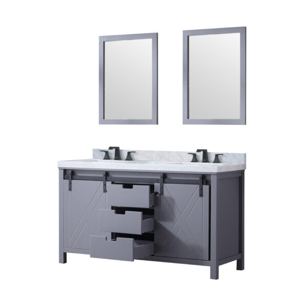 Marsyas 60W x 22D Dark Grey Double Bath Vanity, Carrara Marble Countertop, Faucet Set and 24Mirrors