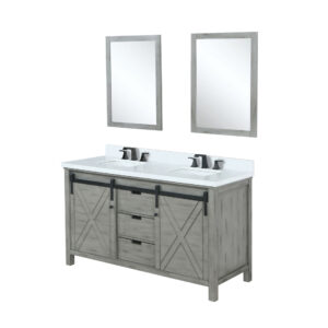 Marsyas 60W x 22D Ash Grey Double Bath Vanity, Cultured Marble Countertop, Faucet Set and 24Mirrors