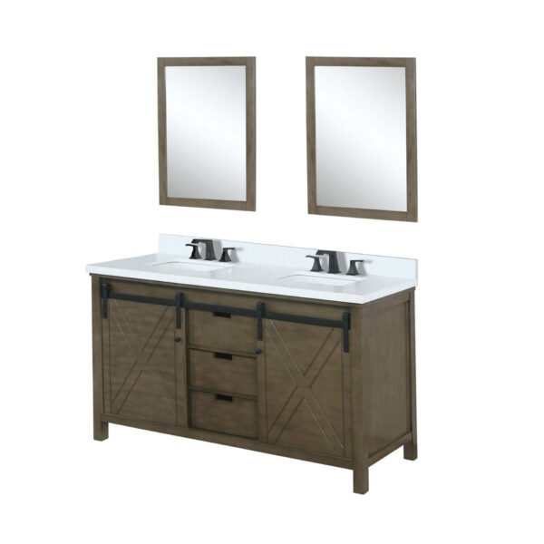 Marsyas 60W x 22D Rustic Brown Double Bath Vanity, Cultured Marble Countertop, Faucet Set and 24Mirrors