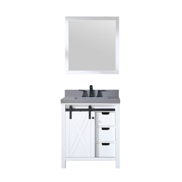 Marsyas 30W x 22D White Bath Vanity, Grey Quartz Countertop, Faucet Set and 28Mirror