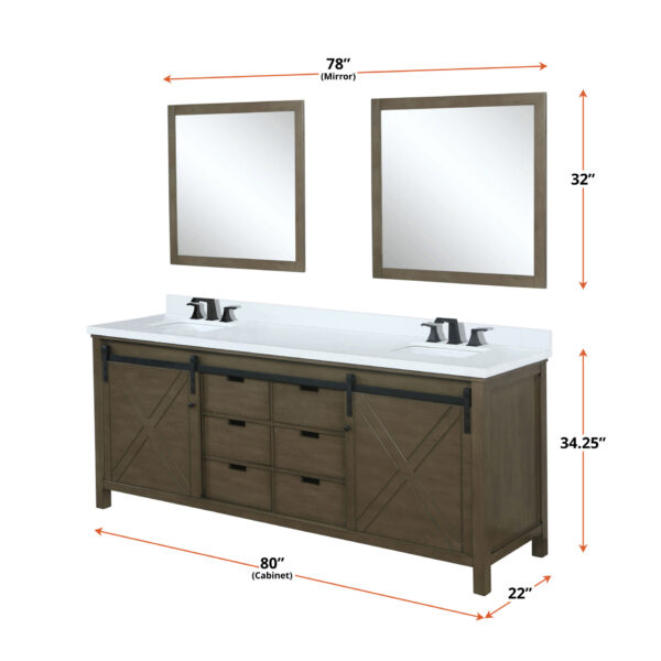 Marsyas 80W x 22D Rustic Brown Double Bath Vanity and 30Mirrors