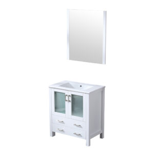 Volez 30W x 18.25D White Bath Vanity, White Ceramic Top, and 28Mirror