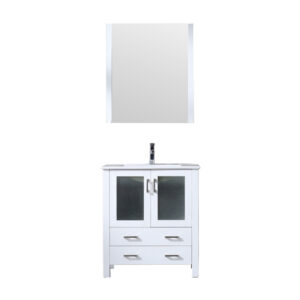 Volez 30W x 18.25D White Bath Vanity, White Ceramic Top, Faucet Set, and 28Mirror