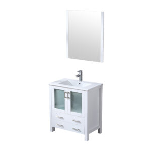 Volez 30W x 18.25D White Bath Vanity, White Ceramic Top, Faucet Set, and 28Mirror