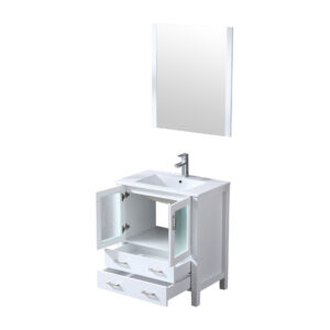 Volez 30W x 18.25D White Bath Vanity, White Ceramic Top, Faucet Set, and 28Mirror