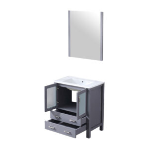 Volez 30W x 18.25D Dark Grey Bath Vanity, White Ceramic Top, and 28Mirror