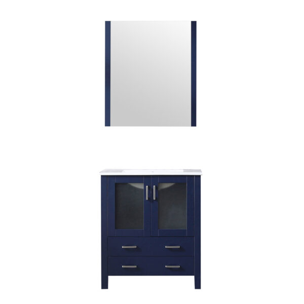 Volez 30W x 18.25D Navy Blue Bath Vanity, White Ceramic Top, and 28Mirror