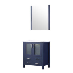 Volez 30W x 18.25D Navy Blue Bath Vanity, White Ceramic Top, and 28Mirror