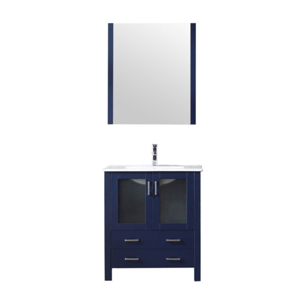 Volez 30W x 18.25D Navy Blue Bath Vanity, White Ceramic Top, Faucet Set, and 28Mirror