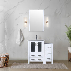 Volez 36W x 18.25D White Single Bath Vanity with Side Cabinet, and White Ceramic Top