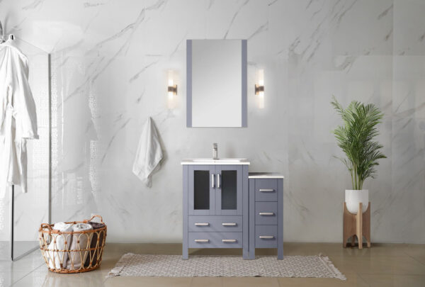 Volez 36W x 18.25D Dark Grey Single Bath Vanity with Side Cabinet, and White Ceramic Top