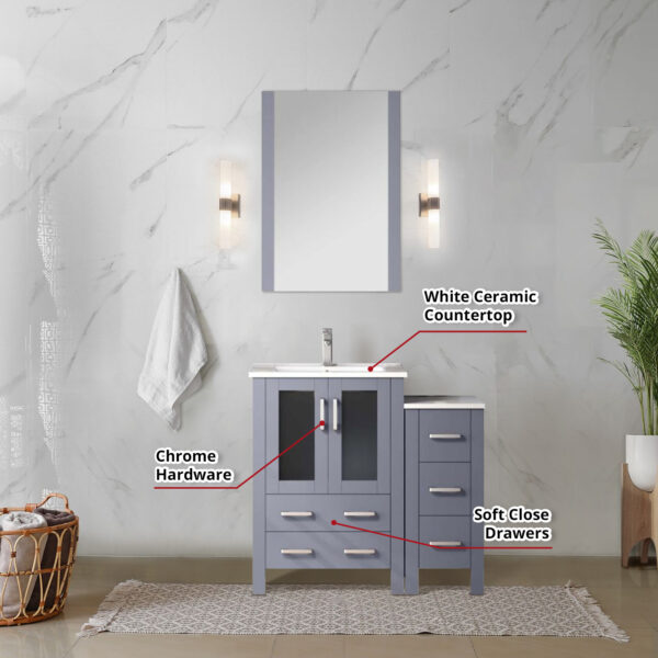 Volez 36W x 18.25D Dark Grey Bath Vanity with Side Cabinet, Faucet Set, and 22Mirror