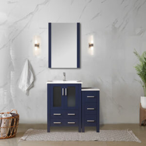 Volez 36W x 18.25D Navy Blue Single Bath Vanity with Side Cabinet, and White Ceramic Top