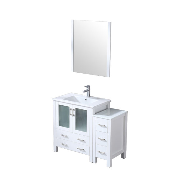 Volez 42W x 18.25D White Bath Vanity with Side Cabinet, Faucet Set, White Ceramic Top, and 28Mirror