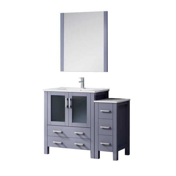 Volez 42W x 18.25D Dark Grey Bath Vanity with Side Cabinet, Faucet Set, White Ceramic Top, and 28Mirror