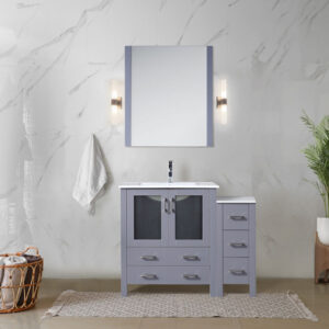 Volez 42W x 18.25D Dark Grey Single Bath Vanity with Side Cabinet, and White Ceramic Top