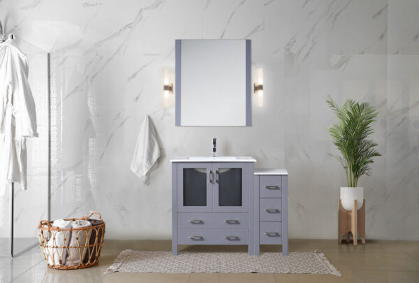 Volez 42W x 18.25D Dark Grey Single Bath Vanity with Side Cabinet, and White Ceramic Top