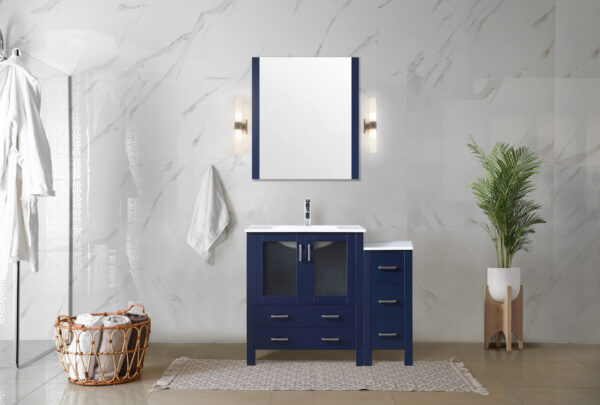 Volez 42W x 18.25D Navy Blue Single Bath Vanity with Side Cabinet, and White Ceramic Top