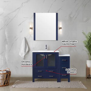 Volez 42W x 18.25D Navy Blue Single Bath Vanity with Side Cabinet, and White Ceramic Top