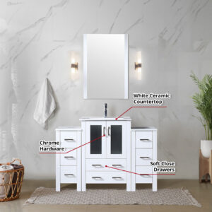 Volez 48W x 18.25D White Single Bath Vanity with Side Cabinet, and White Ceramic Top