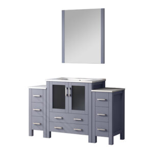 Volez 54W x 18.25D Dark Grey Bath Vanity with Side Cabinets, White Ceramic Top, and 28Mirror