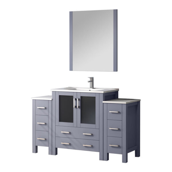 Volez 54W x 18.25D Dark Grey Bath Vanity with Side Cabinets, Faucet Set, White Ceramic Top, and 28Mirror