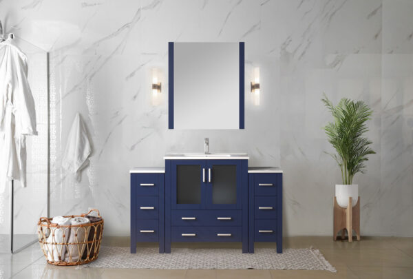 Volez 54W x 18.25D Navy Blue Single Bath Vanity with Side Cabinets, and White Ceramic Top