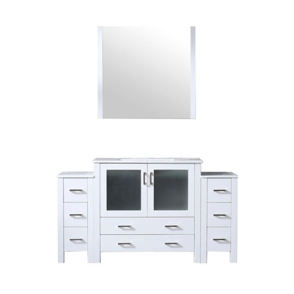 Volez 60W x 18.25D White Bath Vanity with Side Cabinets, White Ceramic Top, and 34Mirror