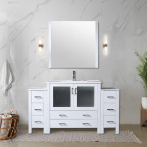 Volez 60W x 18.25D White Double Bath Vanity with Side Cabinets, and White Ceramic Top