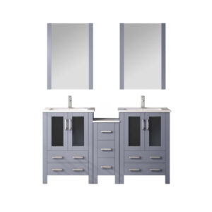 Volez 60W Dark Grey Double Bath Vanity with Side Cabinet, Faucet Set, White Ceramic Top, and 22Mirrors