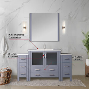 Volez 60W x 18.25D Dark Grey Bath Vanity with Side Cabinets, Faucet Set, White Ceramic Top, and 34Mirror