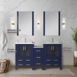 Volez 60W x 18.25D Navy Blue Double Bath Vanity with Side Cabinets, and White Ceramic Top