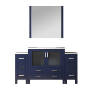 Volez 60W x 18.25D Navy Blue Bath Vanity with Side Cabinets, White Ceramic Top, and 34Mirror