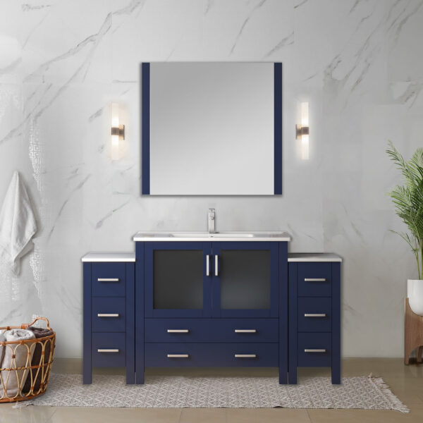 Volez 60W x 18.25D Navy Blue Double Bath Vanity with Side Cabinets, and White Ceramic Top