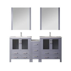 Volez 72W Dark Grey Double Bath Vanity with Side Cabinets, Faucet Set, White Ceramic Top, and 28Mirrors