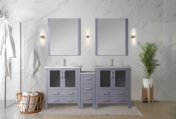 Volez 72W Dark Grey Double Bath Vanity with Side Cabinets, Faucet Set, White Ceramic Top, and 28Mirrors