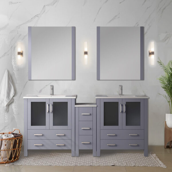 Volez 72W Dark Grey Double Bath Vanity with Side Cabinets, Faucet Set, White Ceramic Top, and 28Mirrors