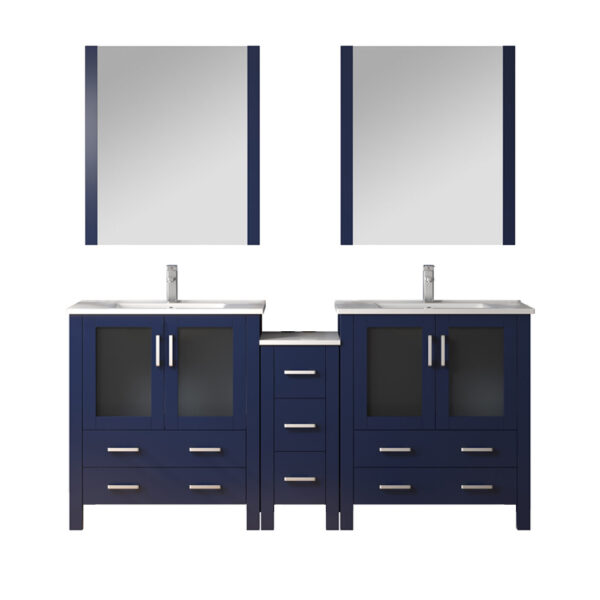 Volez 72W Navy Blue Double Bath Vanity with Side Cabinets, Faucet Set, White Ceramic Top, and 28Mirrors