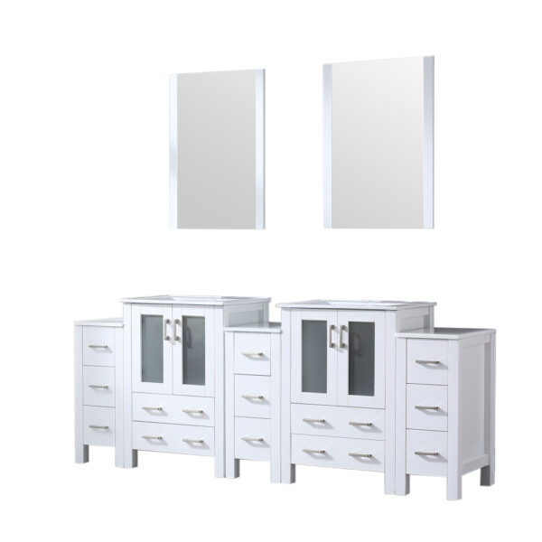 Volez 84W x 18.25D White Double Bath Vanity with Side Cabinets, White Ceramic Top, and 22Mirrors