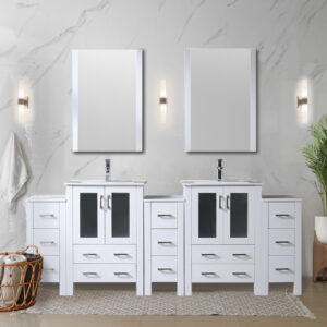 Volez 84W x 18.25D White Double Bath Vanity with Side Cabinets, Faucet Set, White Ceramic Top, and 22Mirrors