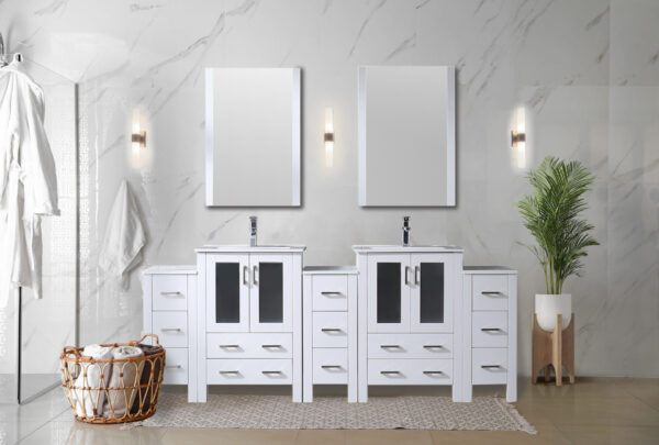 Volez 84W x 18.25D White Double Bath Vanity with Side Cabinets, Faucet Set, White Ceramic Top, and 22Mirrors