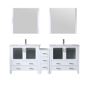 Volez 84W x 18.25D White Double Bath Vanity with Side Cabinet, Faucet Set, White Ceramic Top, and 34Mirrors