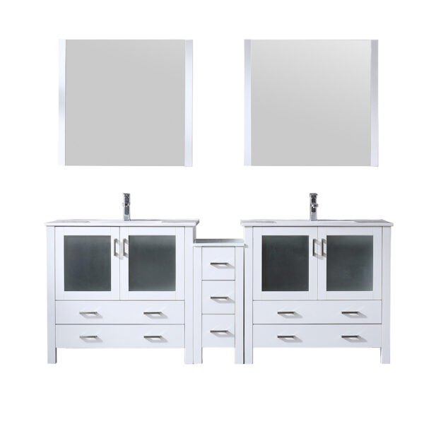 Volez 84W x 18.25D White Double Bath Vanity with Side Cabinet, Faucet Set, White Ceramic Top, and 34Mirrors